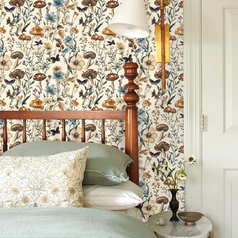 Froluya Mushroom Wallpaper Peel and Stick Vintage Floral Contact Paper 16.9" x 118.1" Boho Self Adhesive Removable Wallpaper Mushroom Forest Decorative Contact Paper for Bathroom Cabinets Vinyl - Image 2
